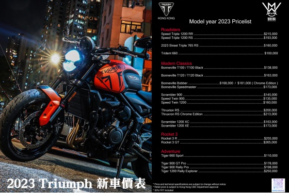 2023 Triumph 新車價表